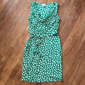 LOFT Green and White Leaf Print Midi Dress - S
